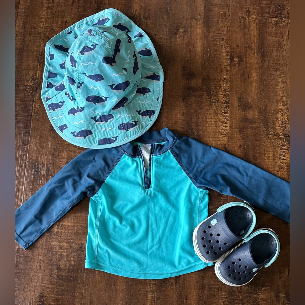 Rash Guard, Pottery Barn Sun Hat, Crocs size C 4-5
